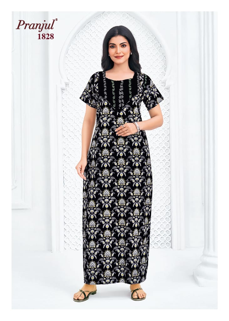 Pranjul Black with Light Yellowish Floral Pattern Cotton Nighty XL Onezeros.in