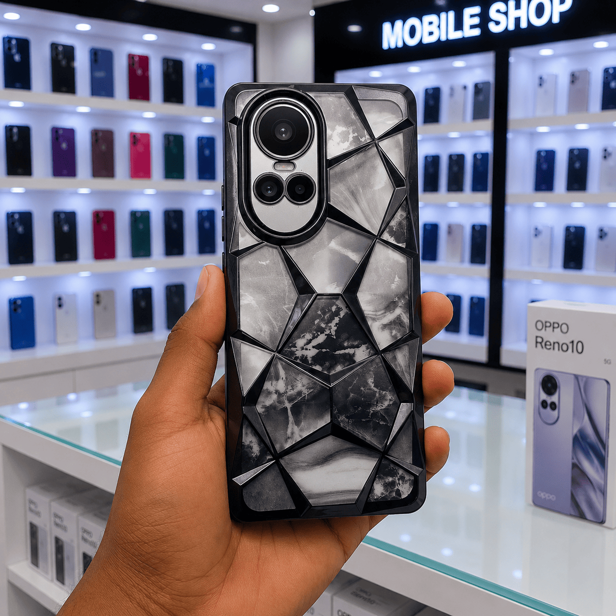 3D Diamond Design Marble Stone Phone Cover for OPPO Reno 10 5G Back Case Black Onezeros.in
