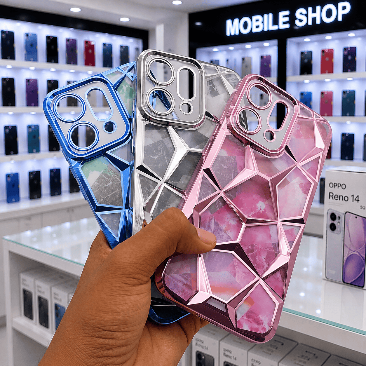 3D Diamond Design Marble Stone Phone Cover for OPPO Reno 14 5G Back Case Onezeros.in
