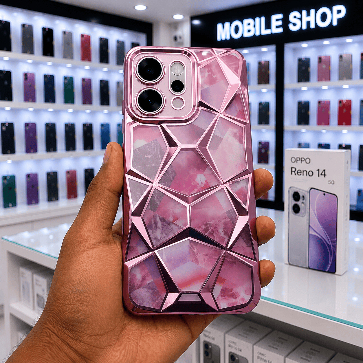 3D Diamond Design Marble Stone Phone Cover for OPPO Reno 14 5G Back Case Pink Onezeros.in