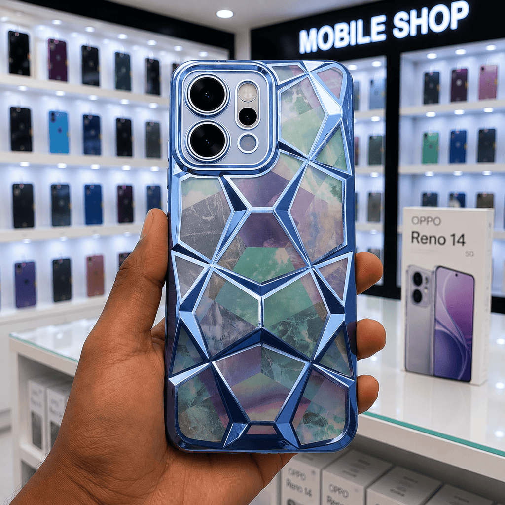 3D Diamond Design Marble Stone Phone Cover for OPPO Reno 14 5G Back Case Blue Onezeros.in