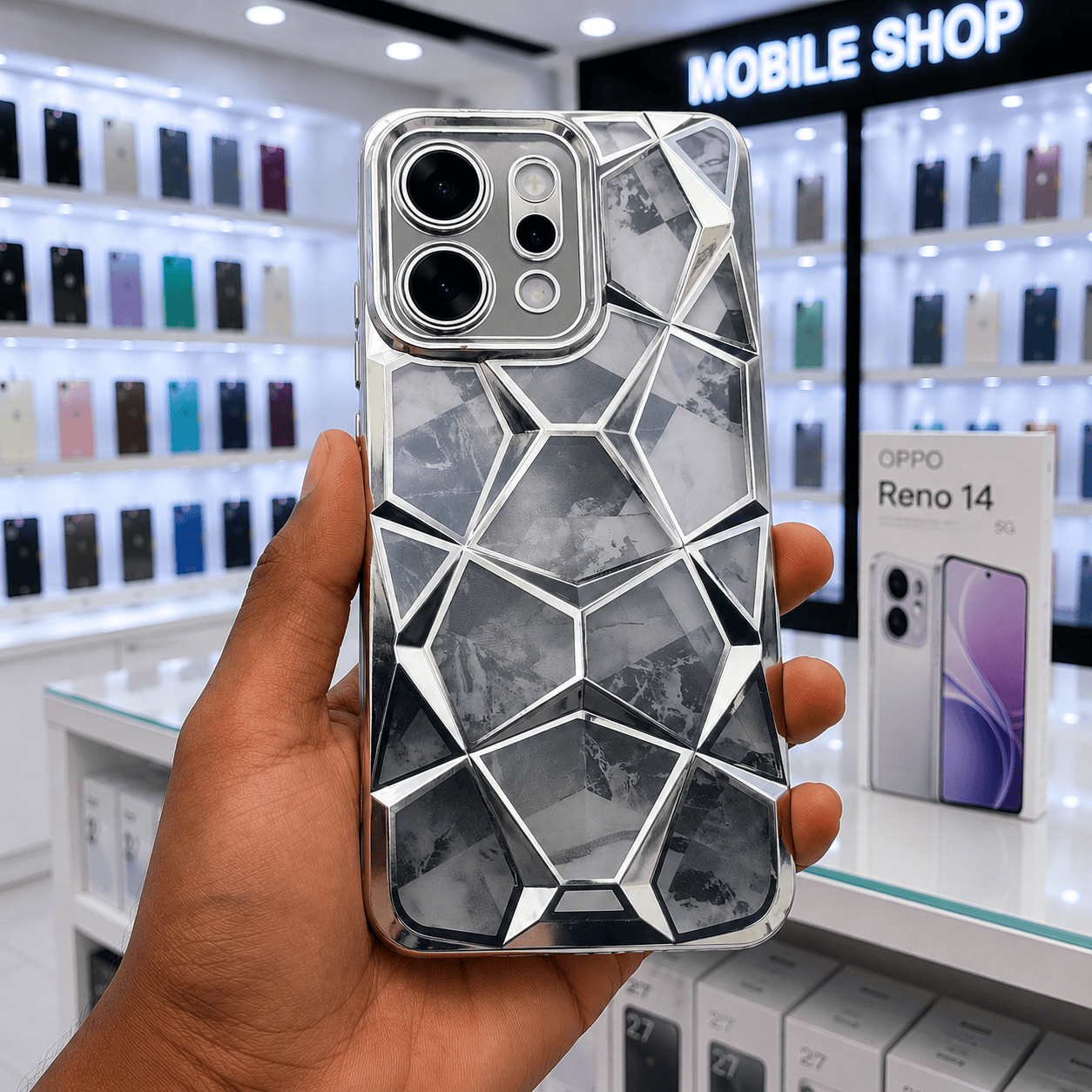 3D Diamond Design Marble Stone Phone Cover for OPPO Reno 14 5G Back Case Silver Onezeros.in