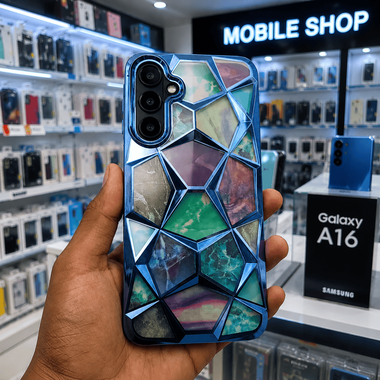 3D Diamond Design Marble Stone Phone Cover for Samsung A16 Back Case Blue Onezeros.in