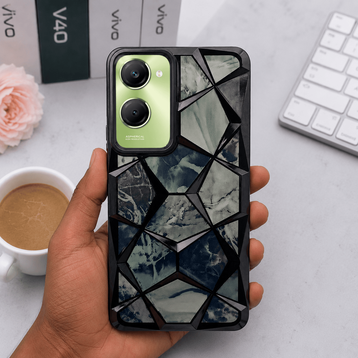 3D Diamond Design Marble Stone Phone Cover for Vivo T3 Lite 5G Back Case Black Onezeros.in
