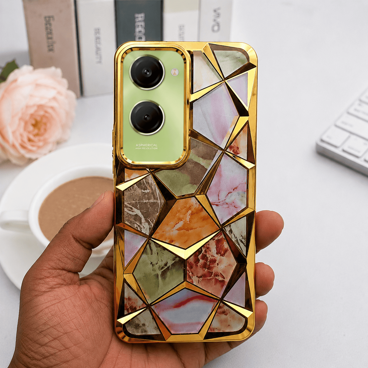 3D Diamond Design Marble Stone Phone Cover for Vivo T3 Lite 5G Back Case Gold Onezeros.in