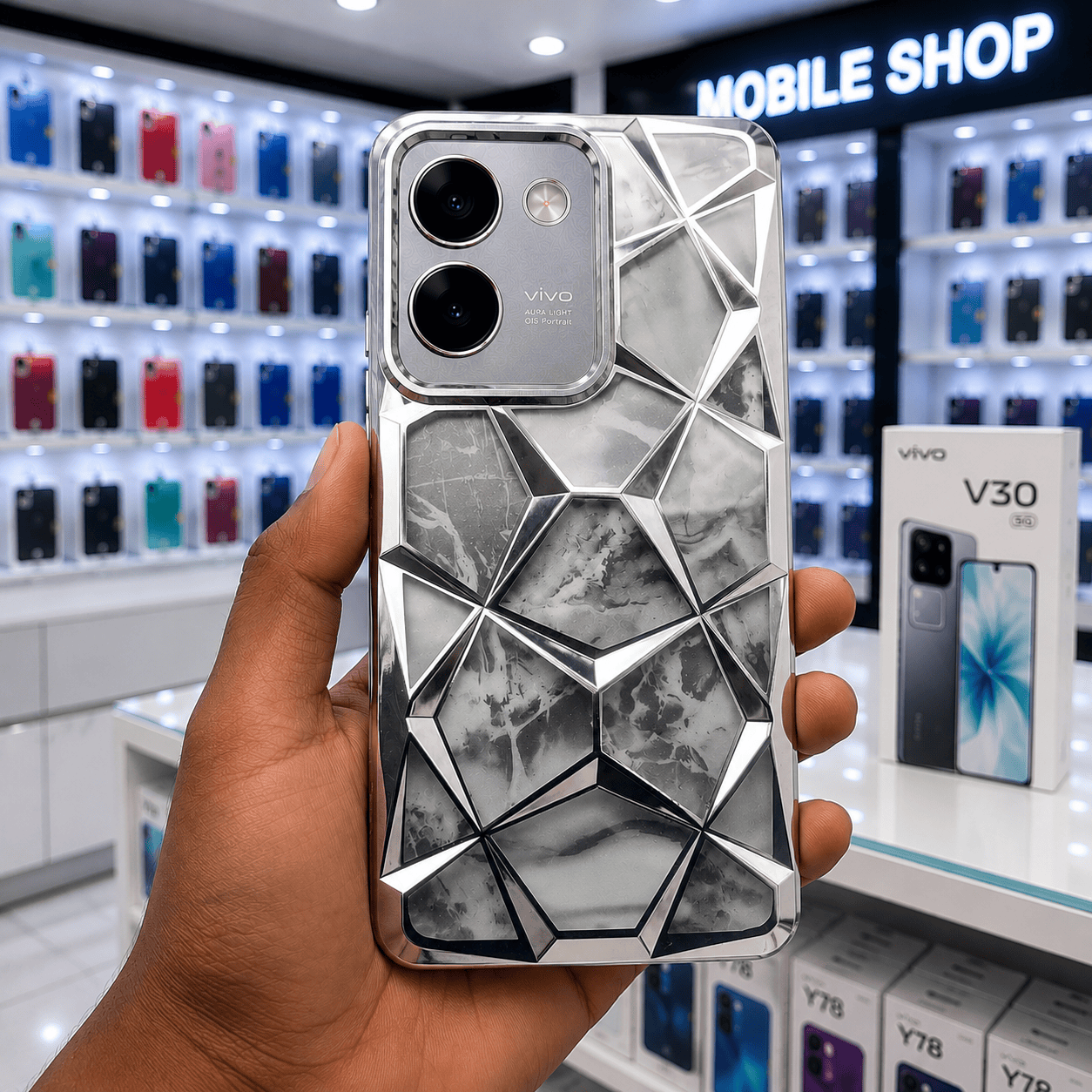 3D Diamond Design Marble Stone Phone Cover for Vivo V30/V30 Pro Back Case Silver Onezeros.in