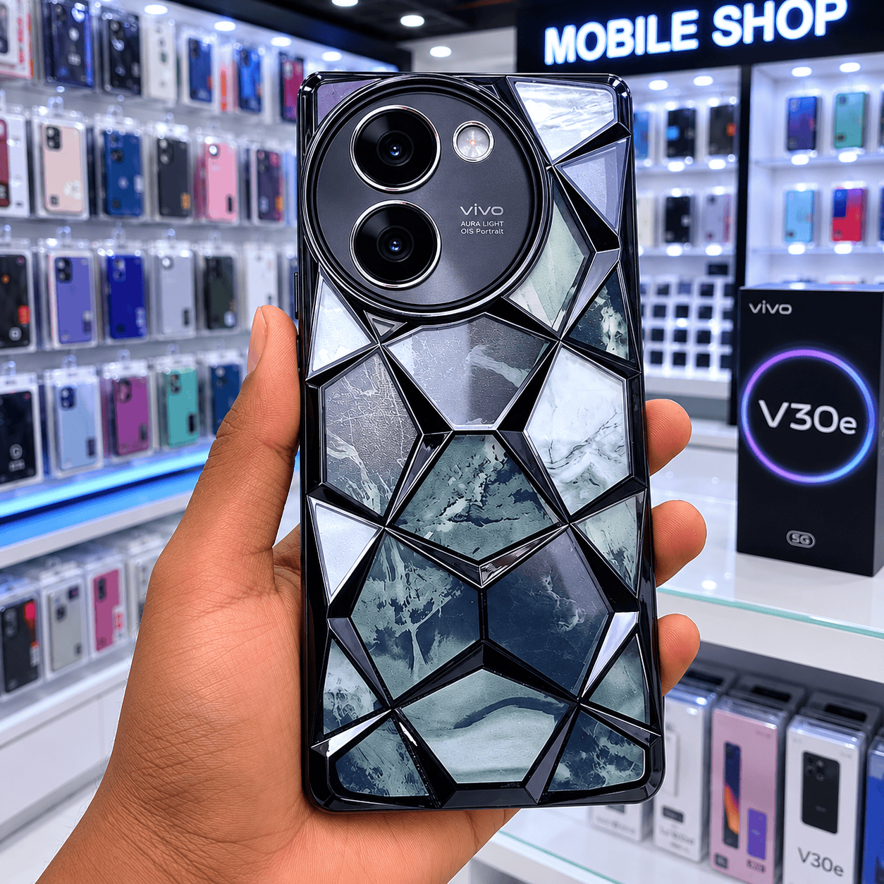 3D Diamond Design Marble Stone Phone Cover for Vivo V30E Back Case Black Onezeros.in
