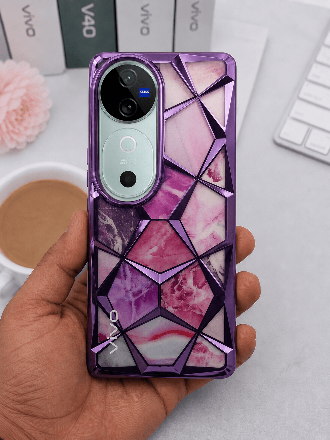 3D Diamond Design Marble Stone Phone Cover for Vivo V40/V40 Pro Back Case Purple Onezeros.in