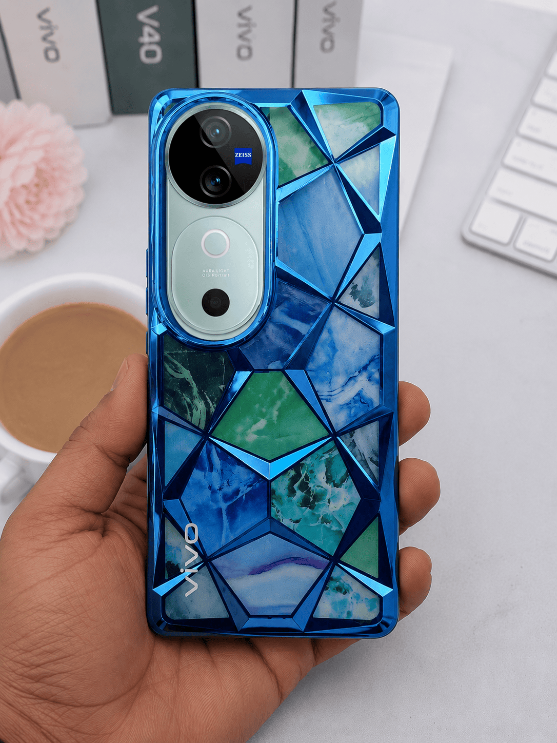 3D Diamond Design Marble Stone Phone Cover for Vivo V40/V40 Pro Back Case Blue Onezeros.in
