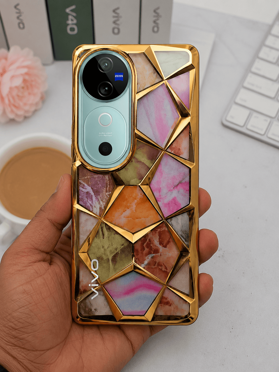 3D Diamond Design Marble Stone Phone Cover for Vivo V40/V40 Pro Back Case Pink Onezeros.in
