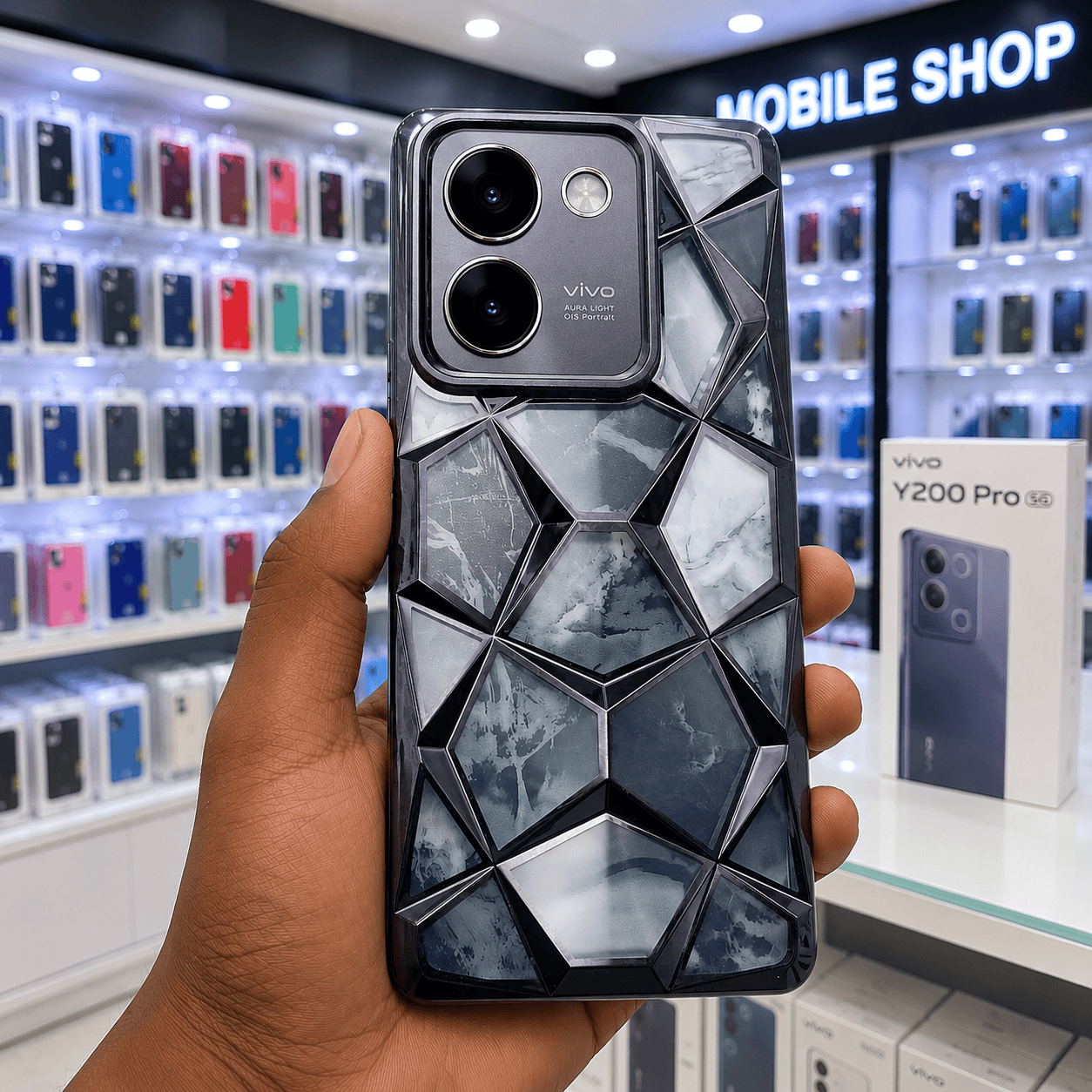 3D Diamond Design Marble Stone Phone Cover for Vivo Y200 Pro Back Case Black Onezeros.in