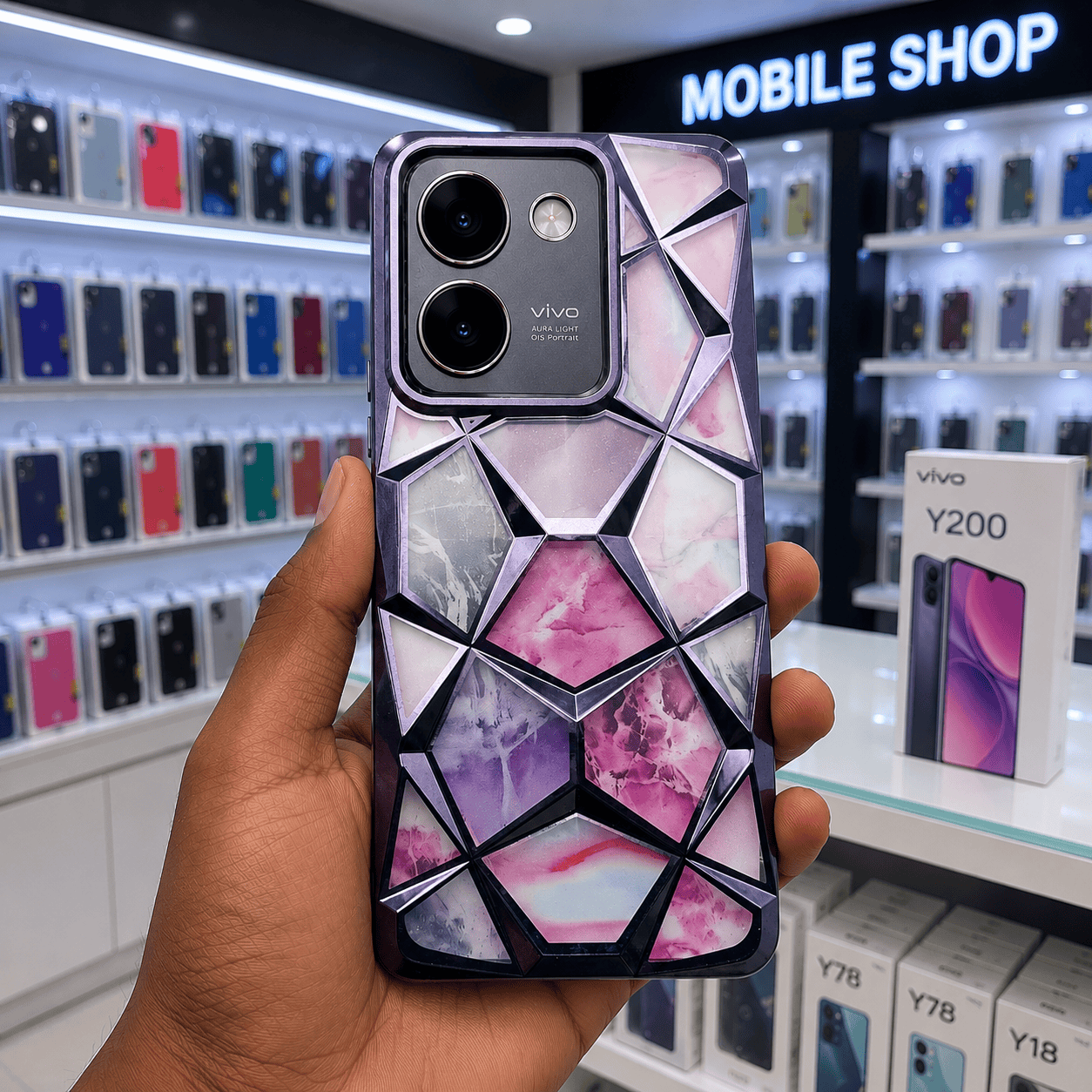 3D Diamond Design Marble Stone Phone Cover for Vivo Y200 Pro Back Case Purple Onezeros.in