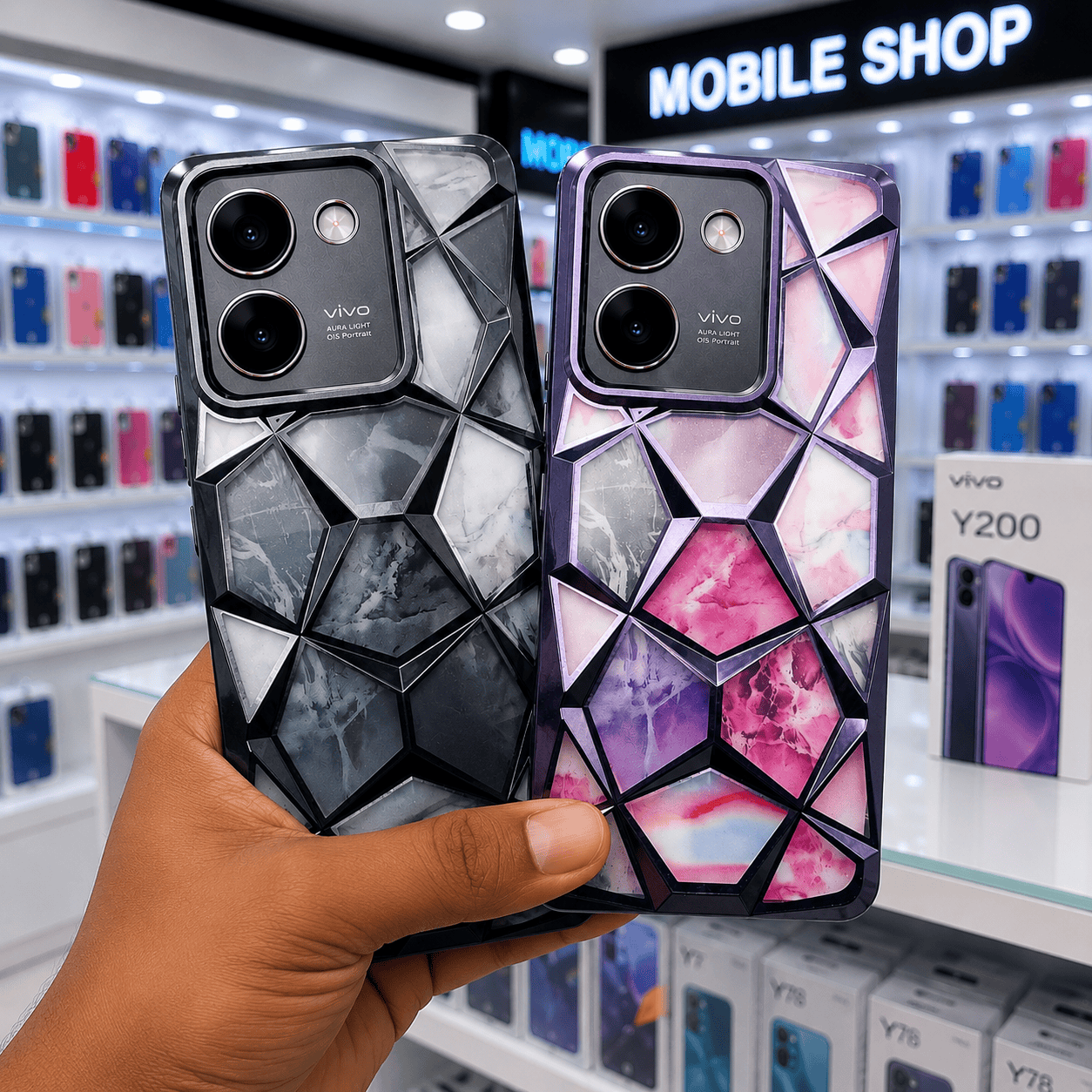 3D Diamond Design Marble Stone Phone Cover for Vivo Y200 Pro Back Case Blue Onezeros.in