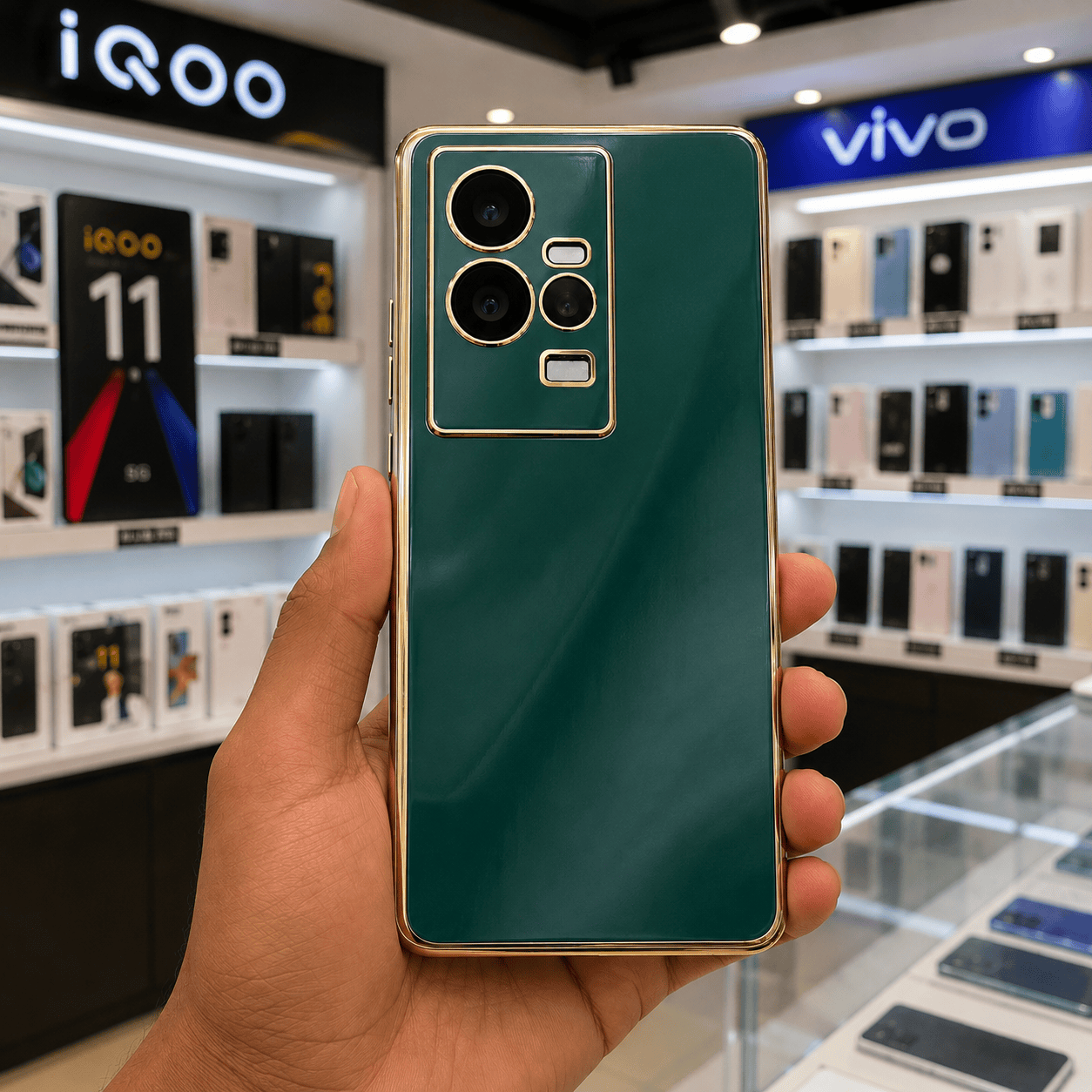 6D Golden Edge Chrome Back Cover For iQOO 11 5G Phone Case Dark Green Onezeros.in
