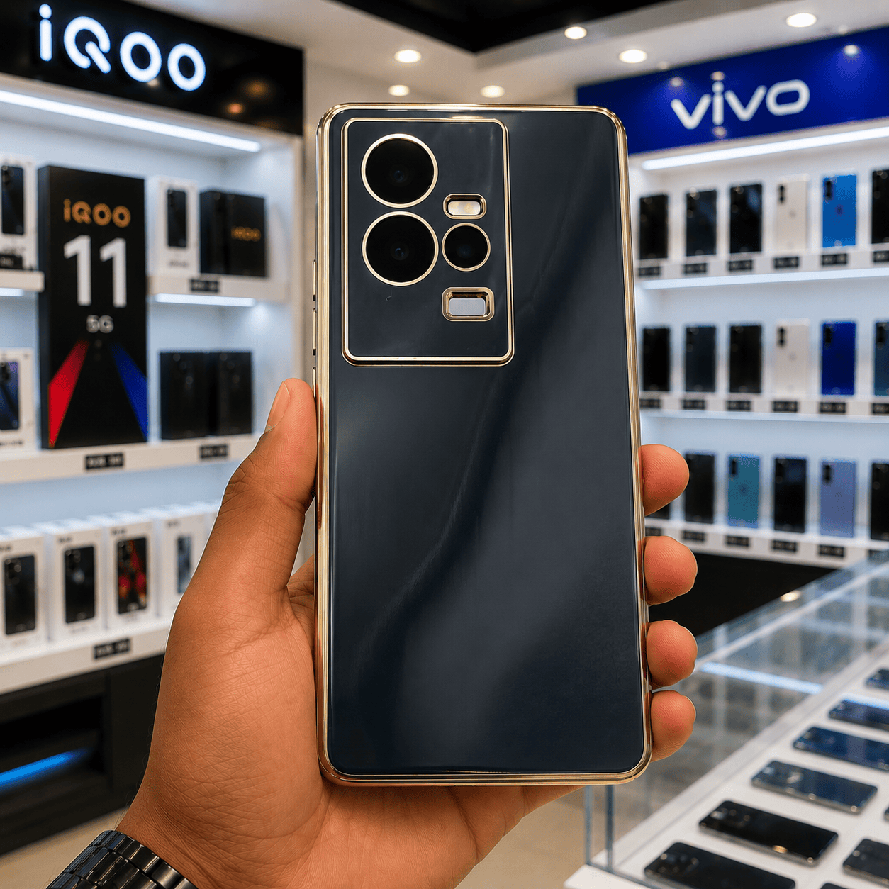 6D Golden Edge Chrome Back Cover For iQOO 11 5G Phone Case Black Onezeros.in
