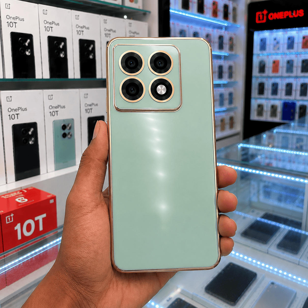 6D Golden Edge Chrome Back Cover For OnePlus 10T 5G Phone Case Mint Green Onezeros.in