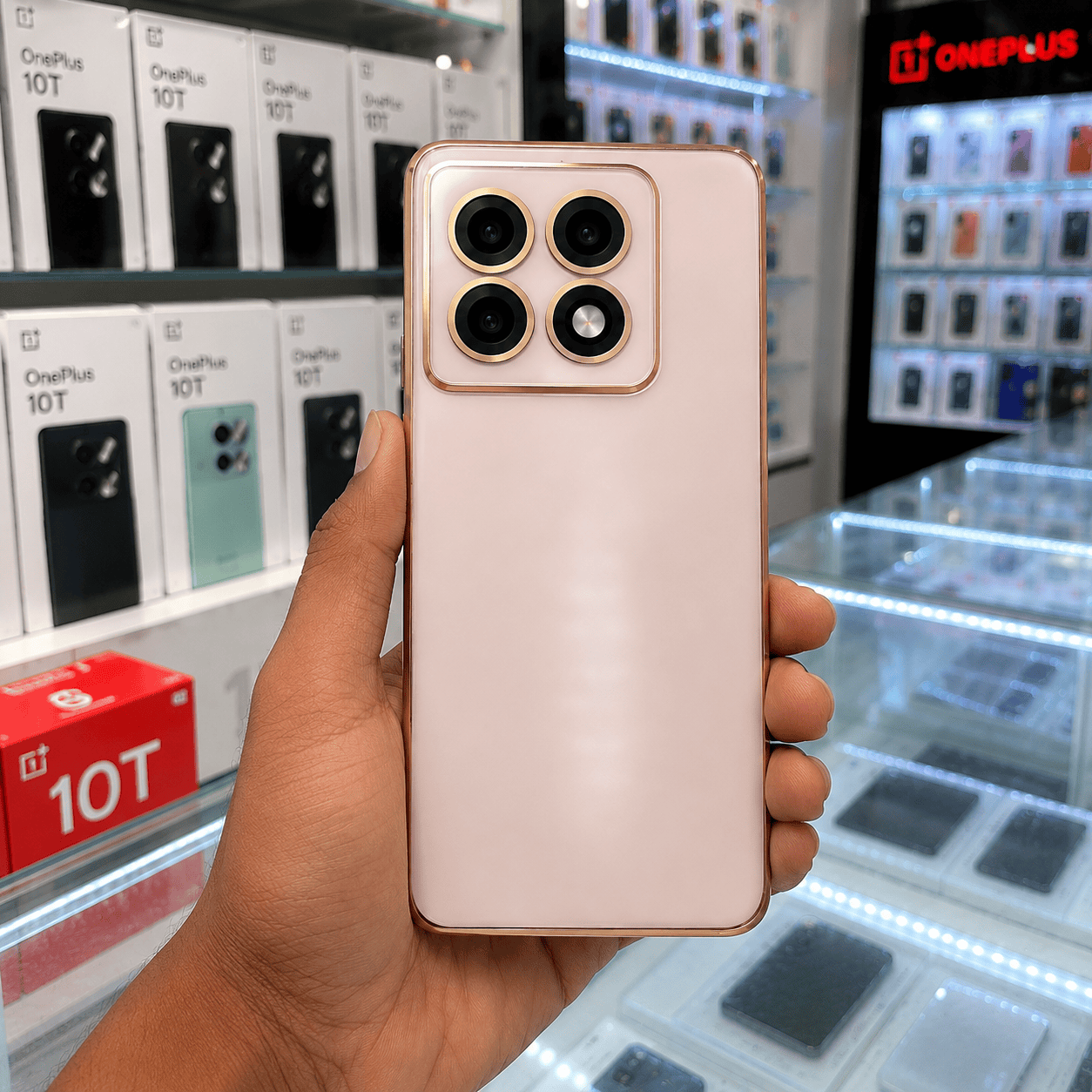 6D Golden Edge Chrome Back Cover For OnePlus 10T 5G Phone Case Pink Onezeros.in