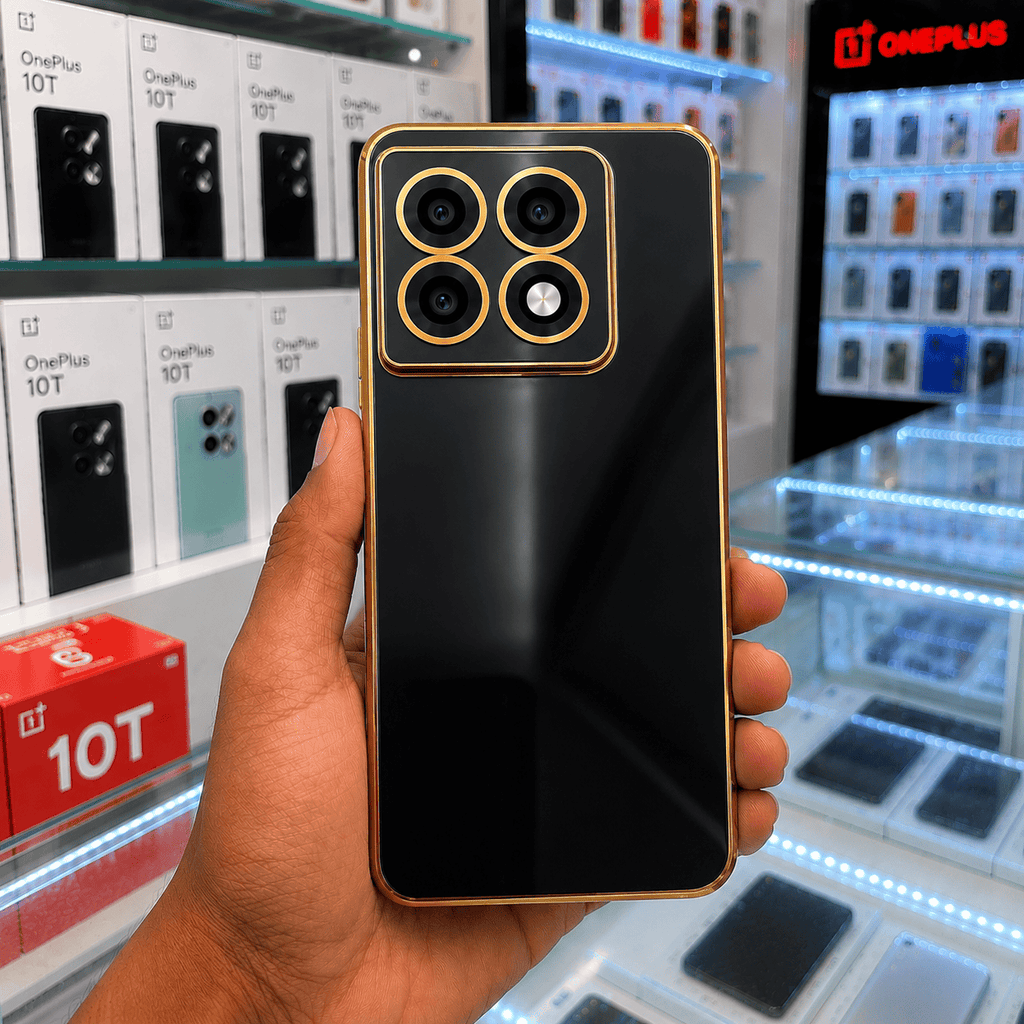 6D Golden Edge Chrome Back Cover For OnePlus 10T 5G Phone Case Black Onezeros.in
