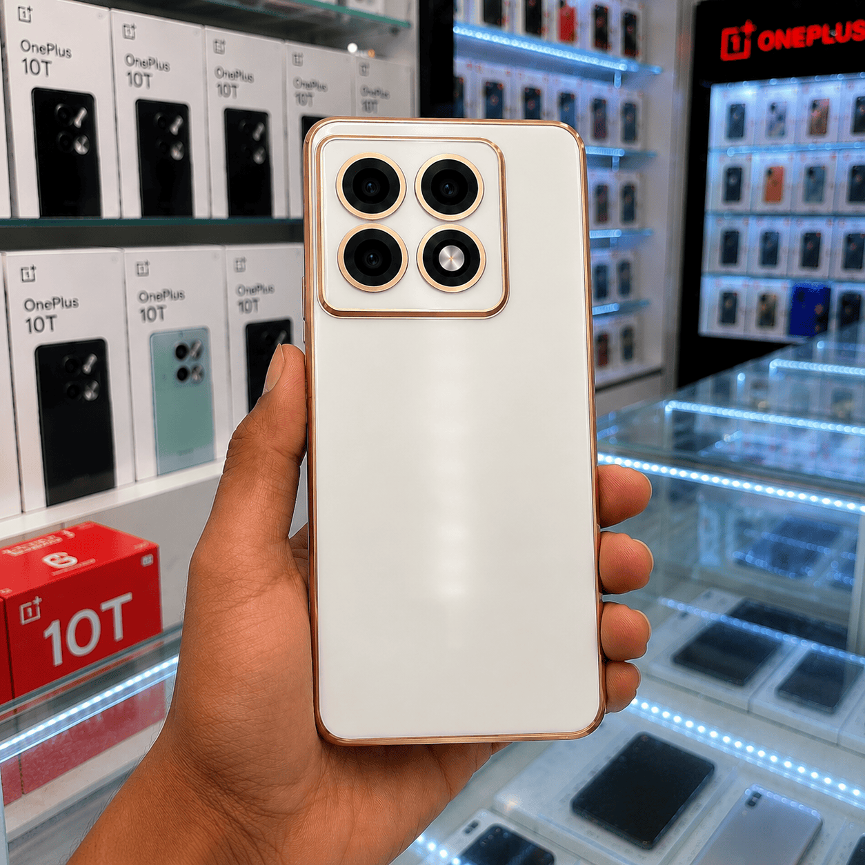 6D Golden Edge Chrome Back Cover For OnePlus 10T 5G Phone Case White Onezeros.in