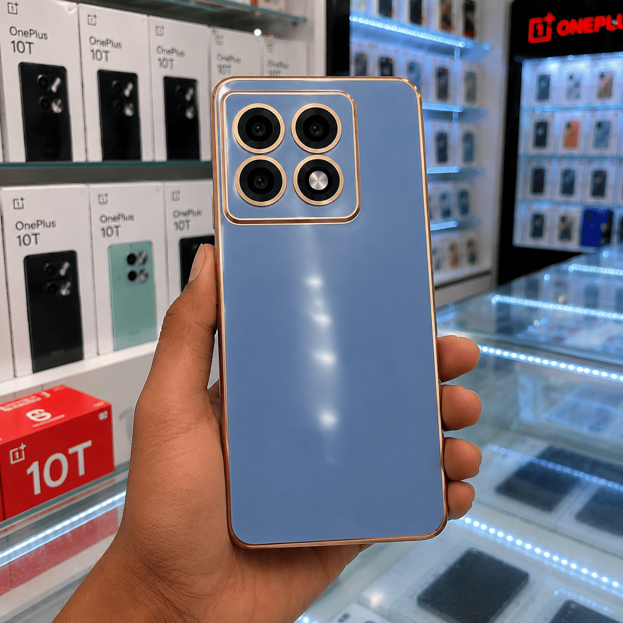 6D Golden Edge Chrome Back Cover For OnePlus 10T 5G Phone Case Sky Blue Onezeros.in