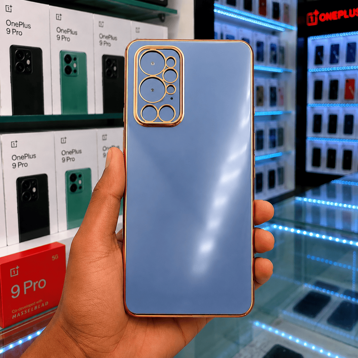 6D Golden Edge Chrome Back Cover For OnePlus 9 Pro Phone Case Sky Blue Onezeros.in