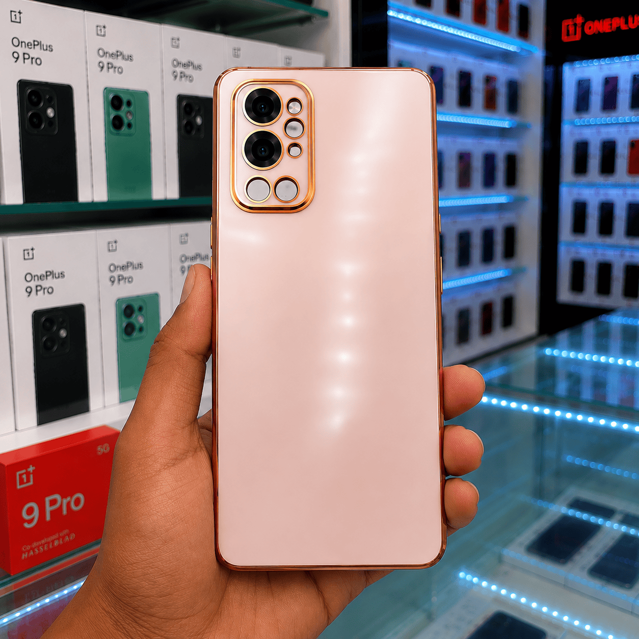 6D Golden Edge Chrome Back Cover For OnePlus 9 Pro Phone Case Pink Onezeros.in