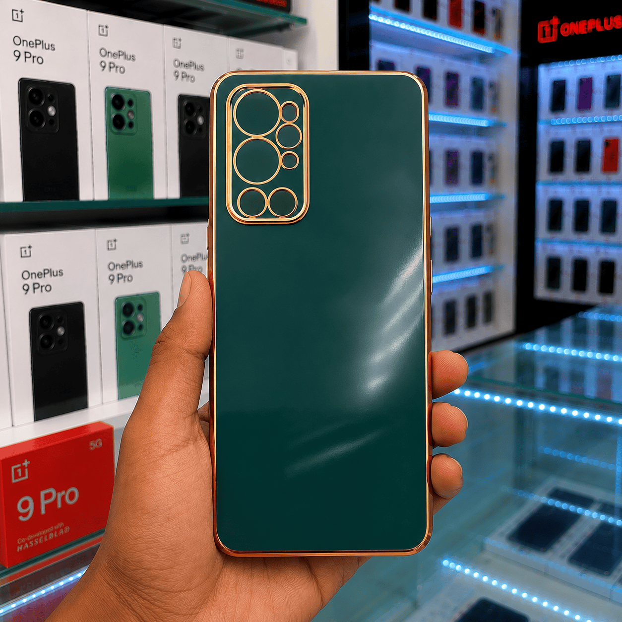 6D Golden Edge Chrome Back Cover For OnePlus 9 Pro Phone Case Dark Green Onezeros.in