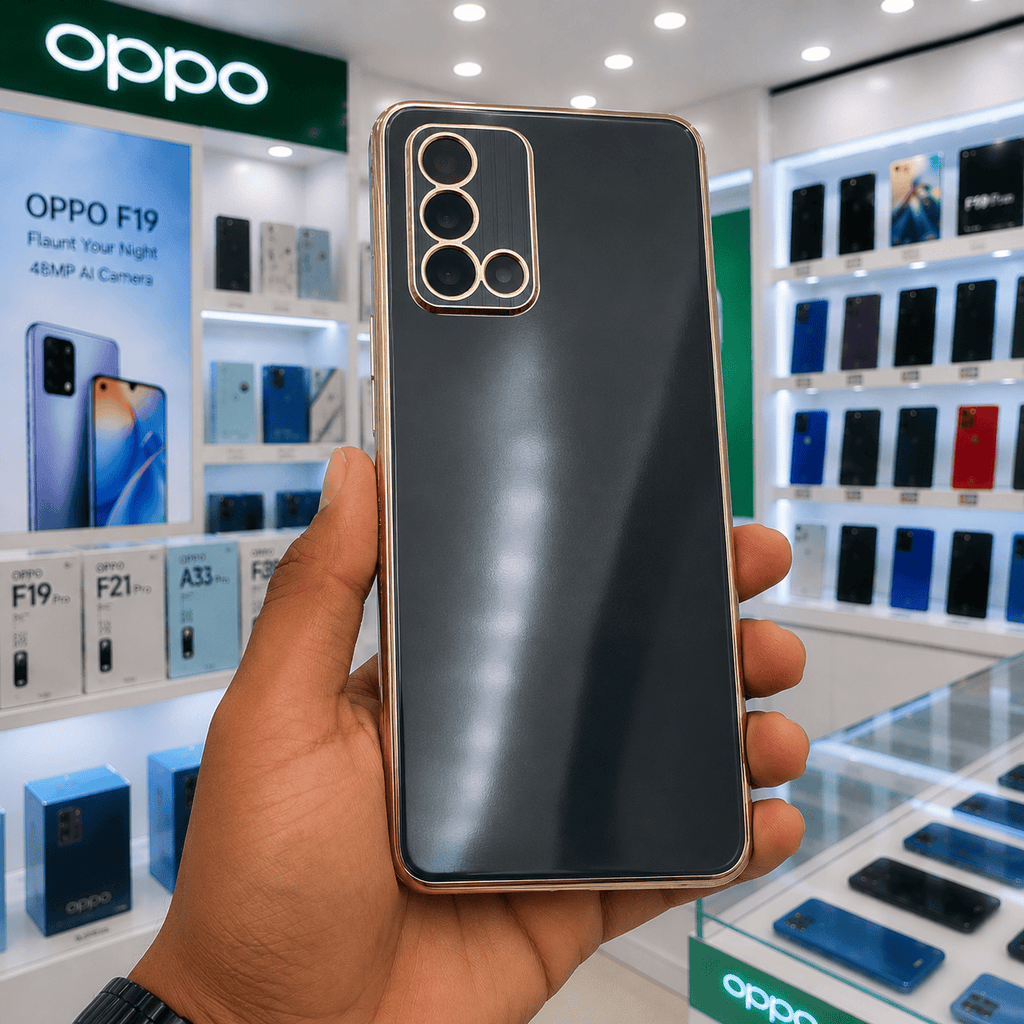 6D Golden Edge Chrome Back Cover For OPPO F19 Phone Case Black Onezeros.in