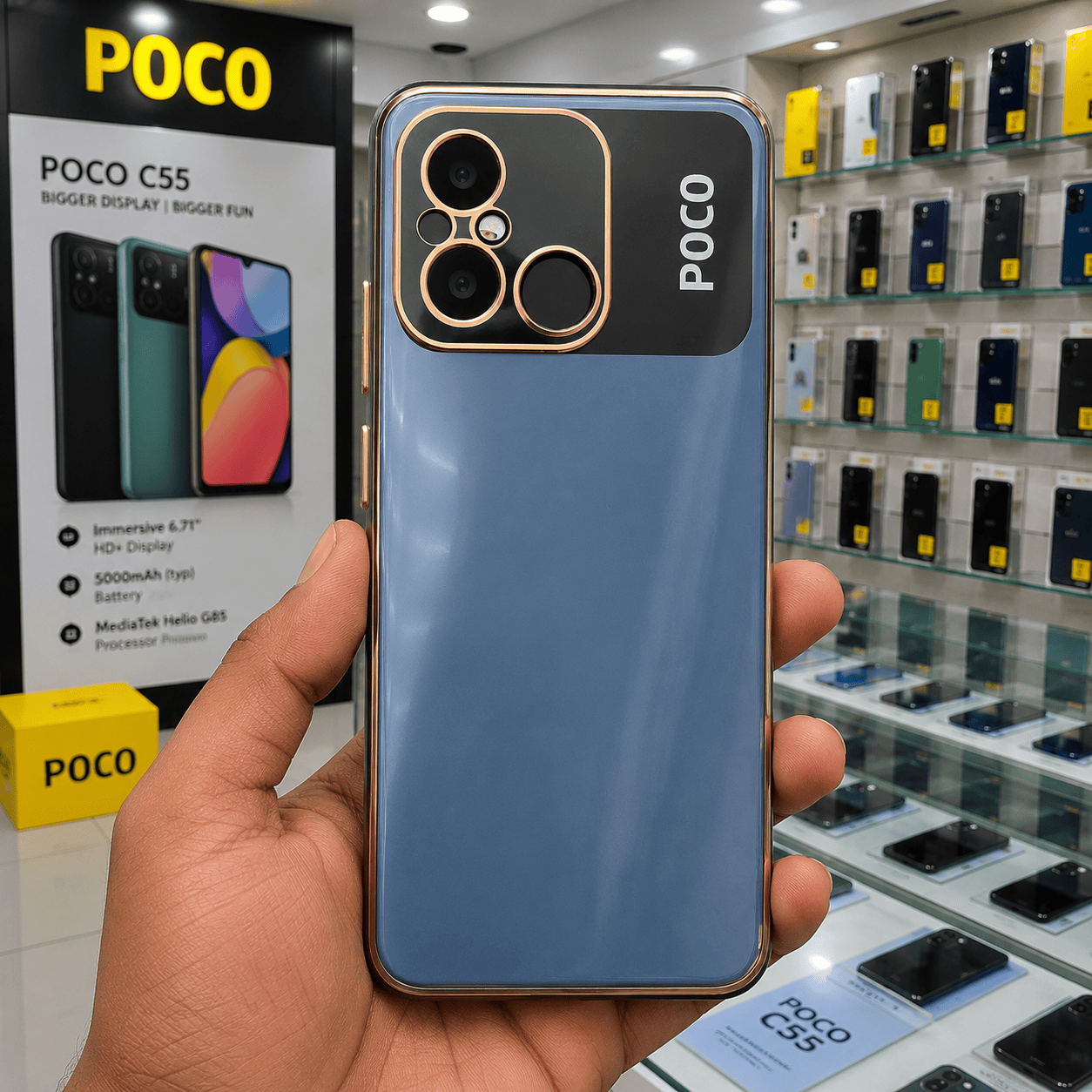 6D Golden Edge Chrome Back Cover For POCO C55/Redmi 12c Phone Case Sky Blue Onezeros.in