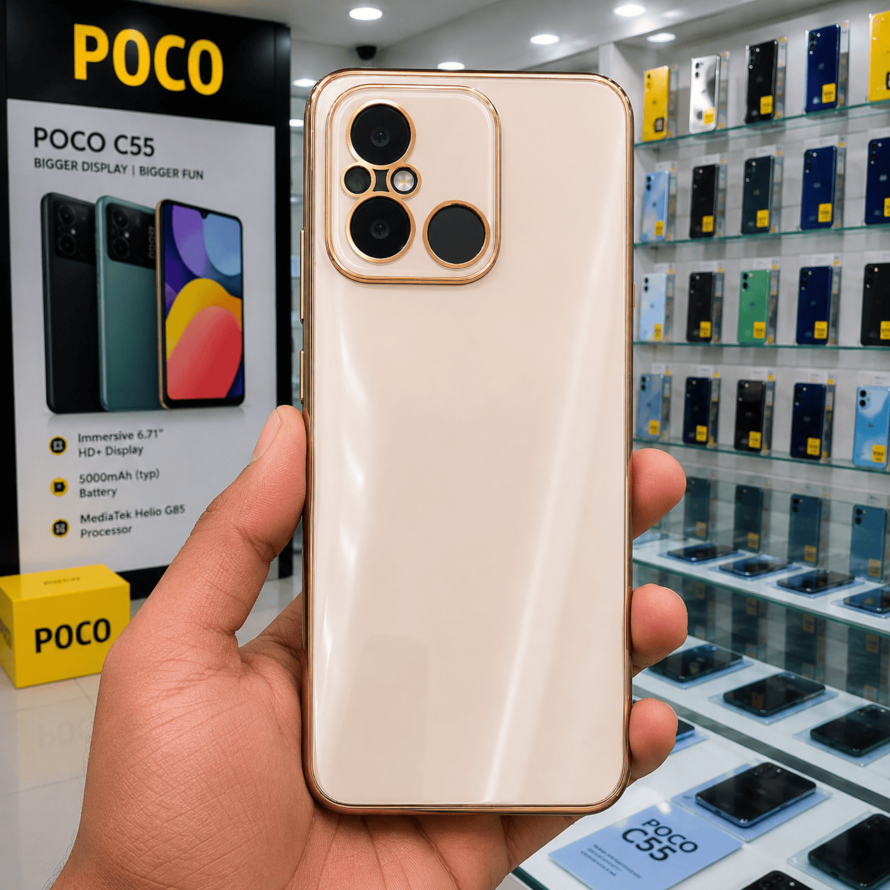 6D Golden Edge Chrome Back Cover For POCO C55/Redmi 12c Phone Case White Onezeros.in