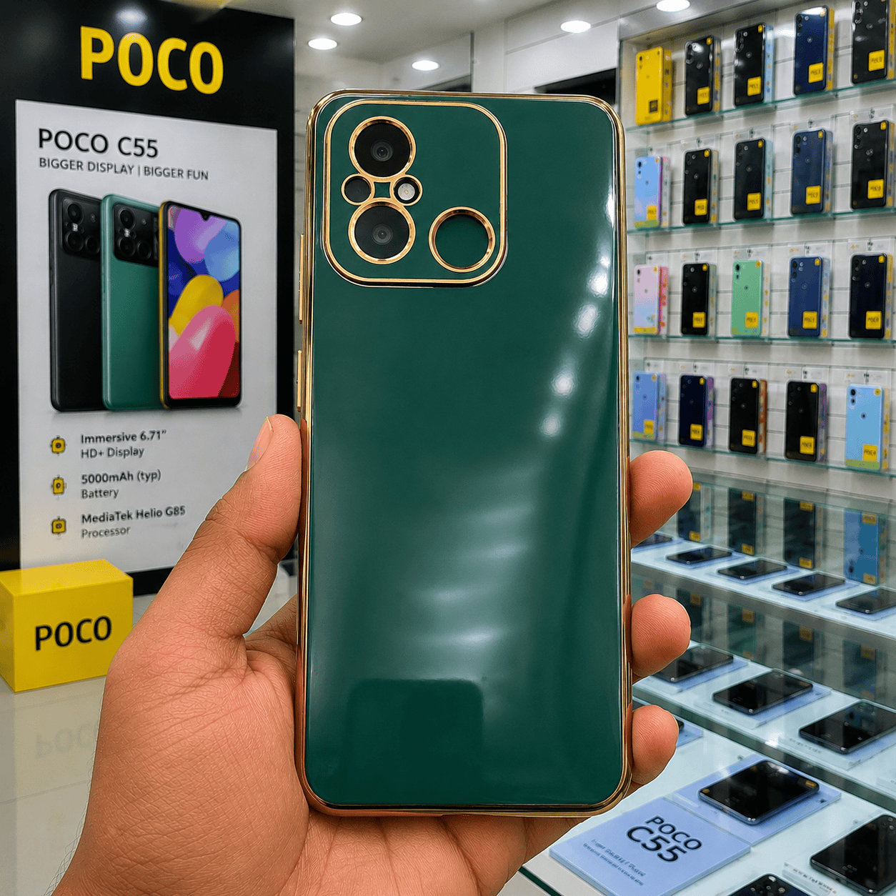 6D Golden Edge Chrome Back Cover For POCO C55/Redmi 12c Phone Case Dark Green Onezeros.in