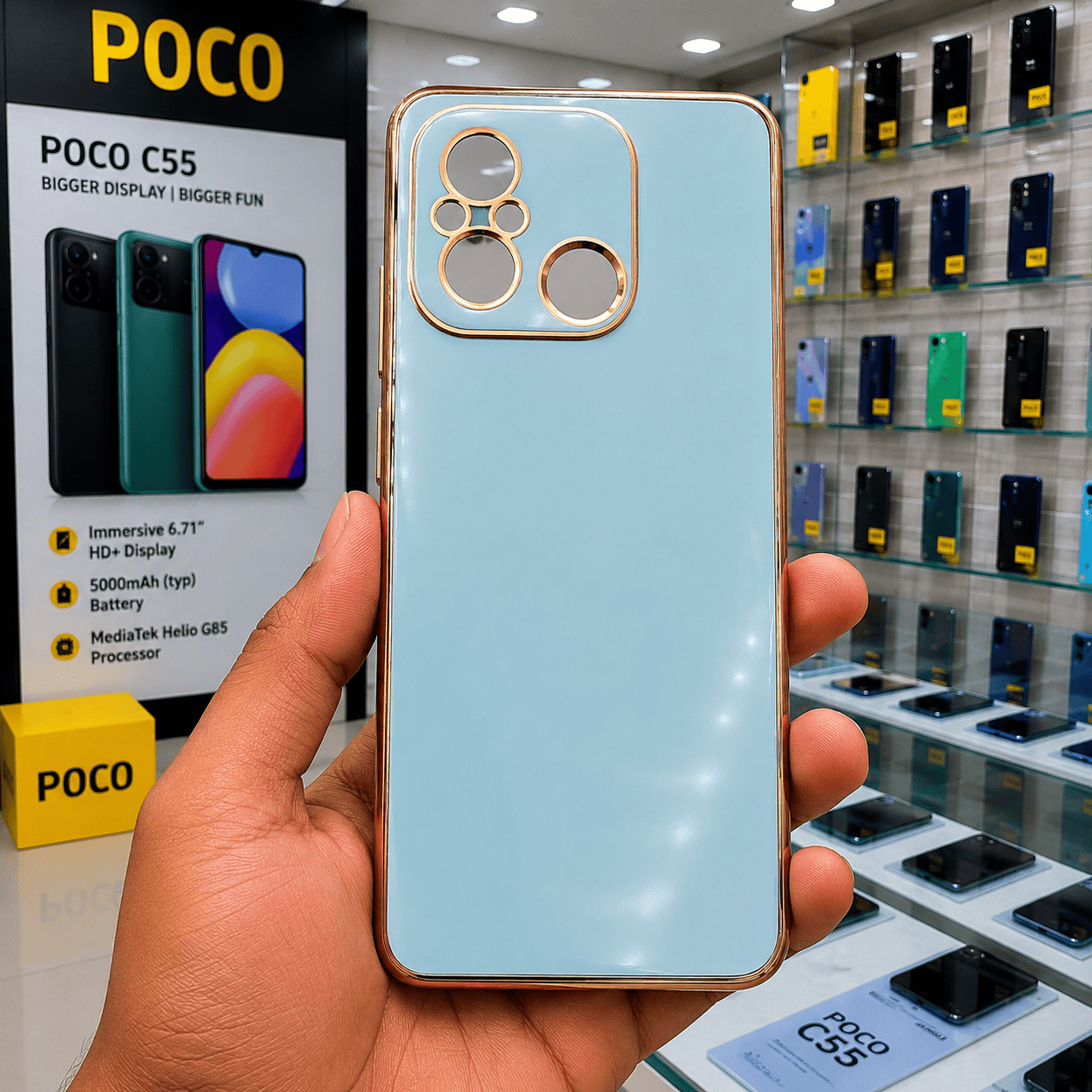 6D Golden Edge Chrome Back Cover For POCO C55/Redmi 12c Phone Case Onezeros.in