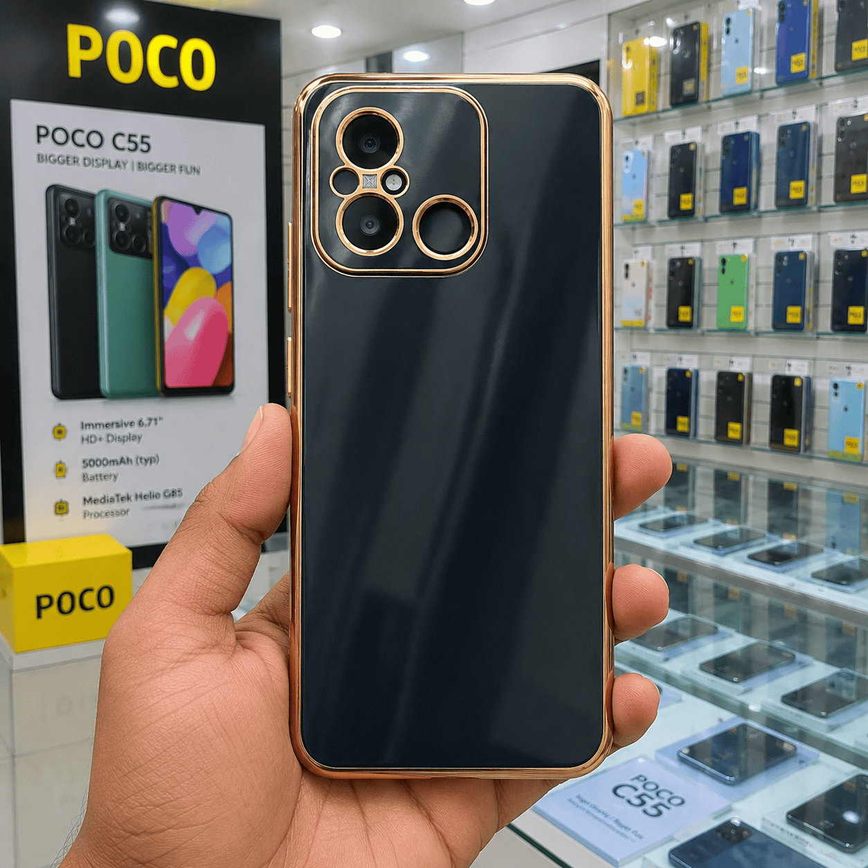 6D Golden Edge Chrome Back Cover For POCO C55/Redmi 12c Phone Case Black Onezeros.in