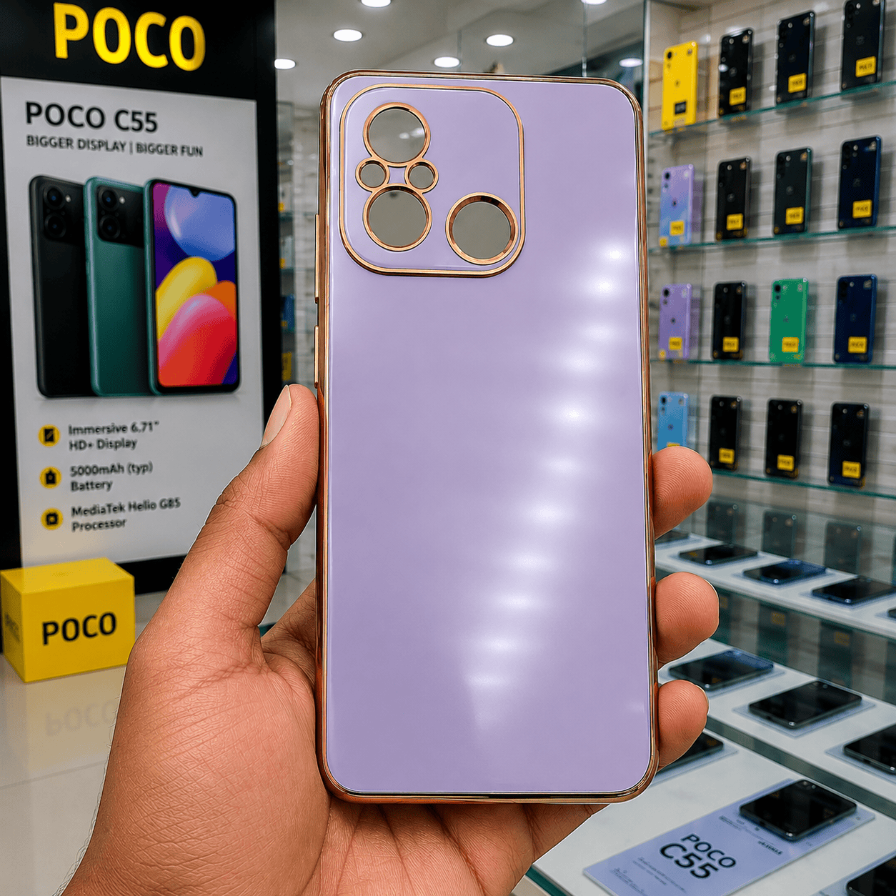 6D Golden Edge Chrome Back Cover For POCO C55/Redmi 12c Phone Case Purple Onezeros.in