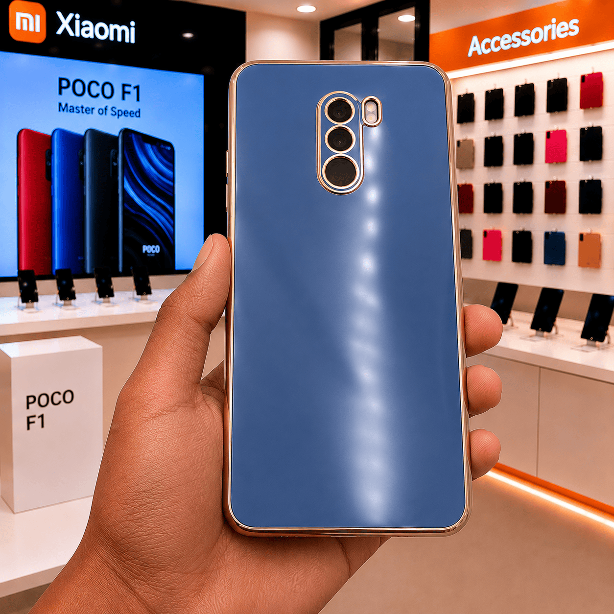 6D Golden Edge Chrome Back Cover For POCO F1 Phone Case Sky Blue Onezeros.in