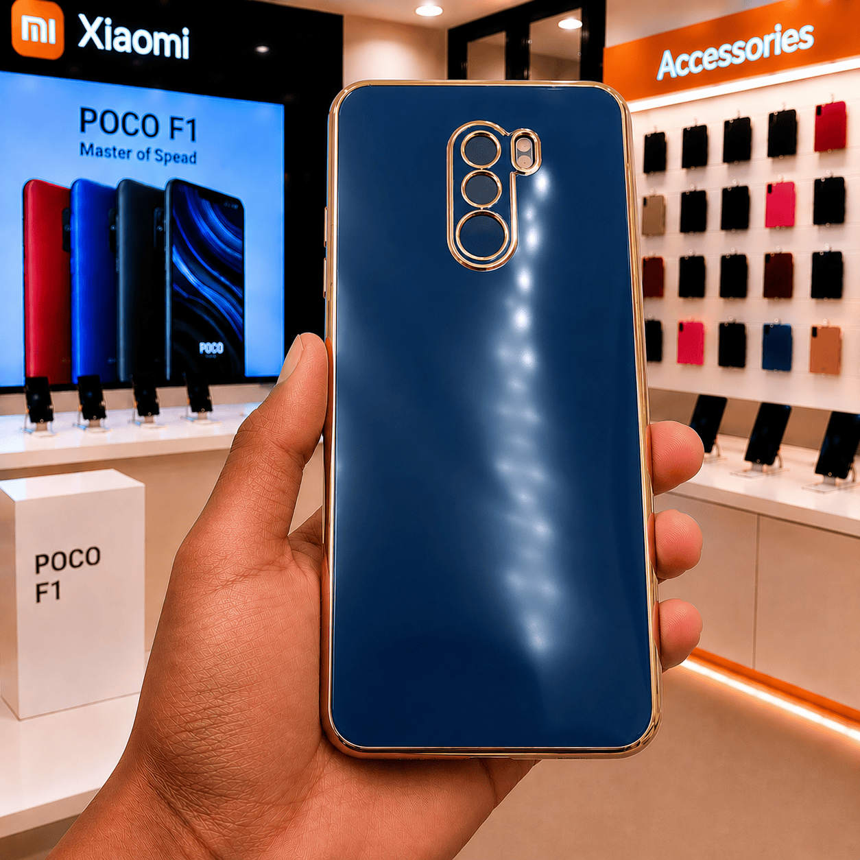 6D Golden Edge Chrome Back Cover For POCO F1 Phone Case Royal Blue Onezeros.in