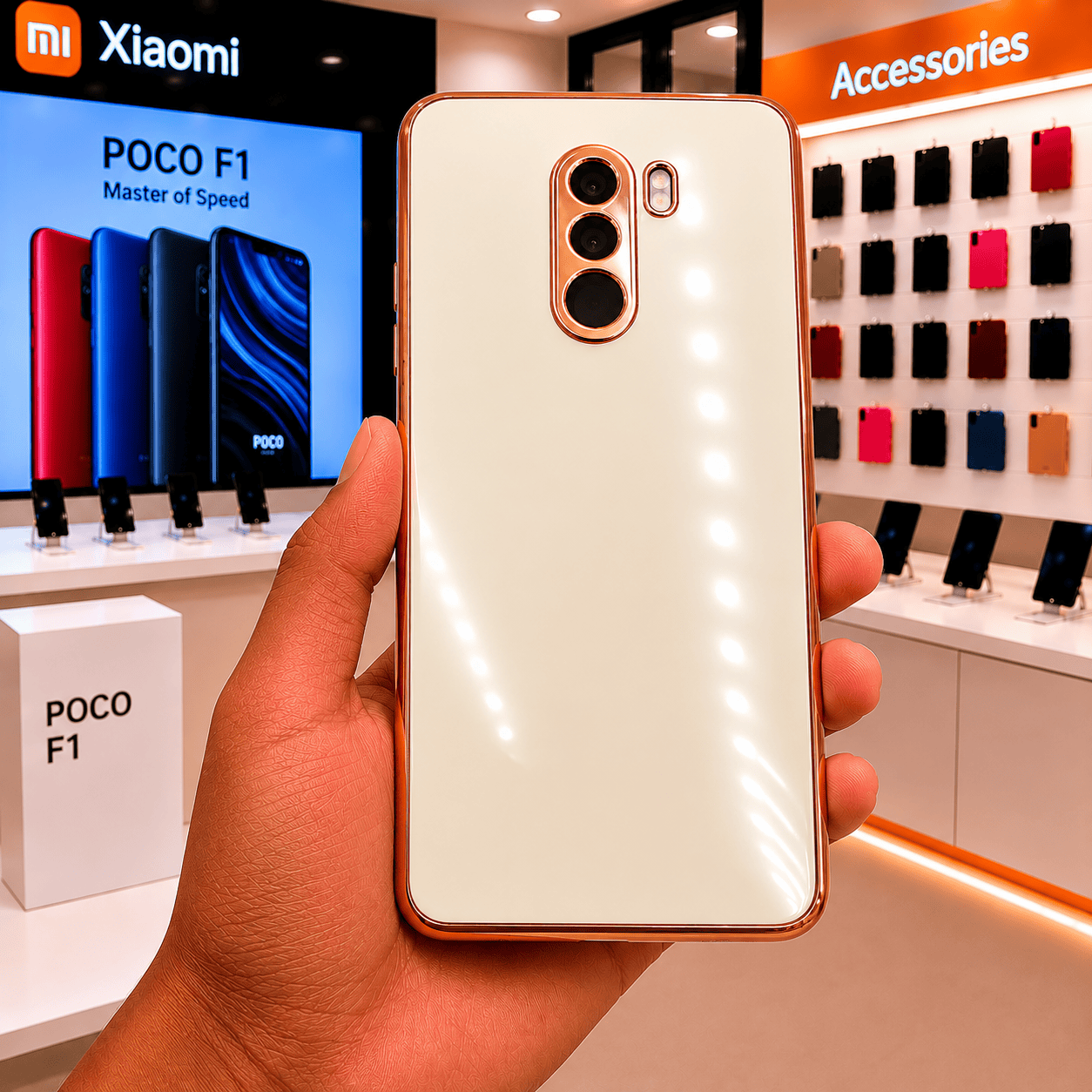 6D Golden Edge Chrome Back Cover For POCO F1 Phone Case White Onezeros.in