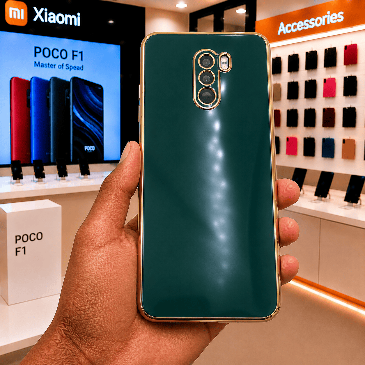 6D Golden Edge Chrome Back Cover For POCO F1 Phone Case Dark Green Onezeros.in