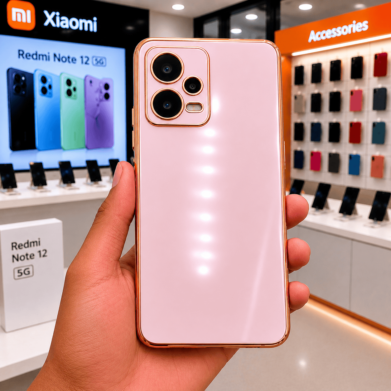 6D Golden Edge Chrome Back Cover For POCO X5 5G/Redmi Note 12 5G Phone Case Pink Onezeros.in