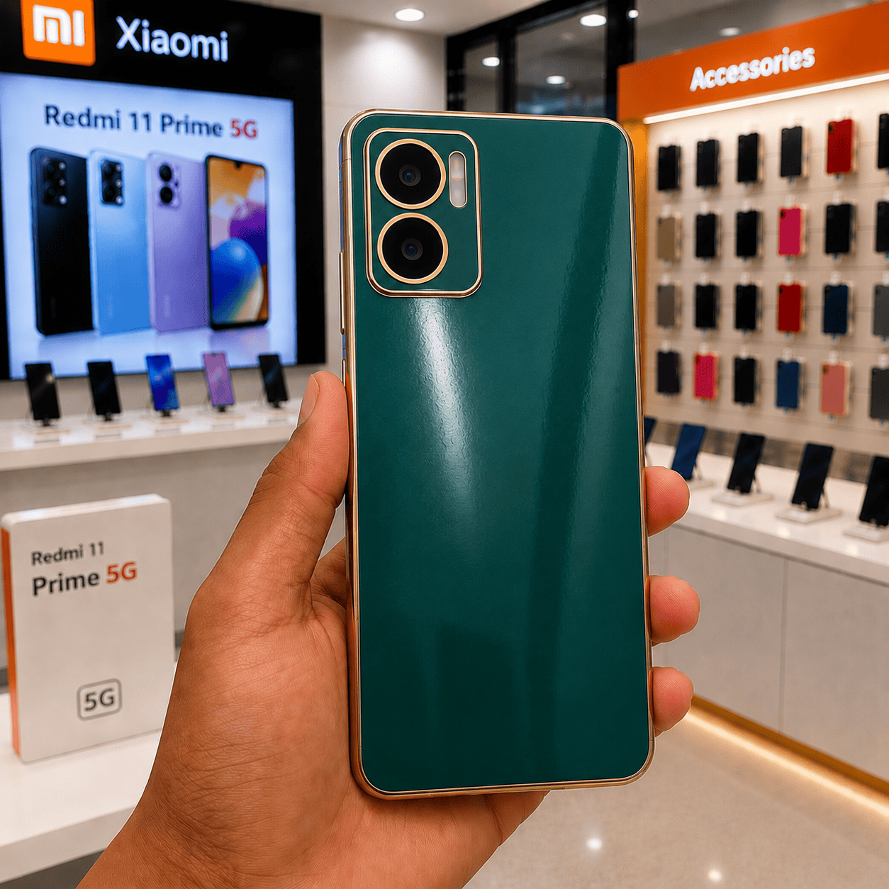 6D Golden Edge Chrome Back Cover For Redmi 11 Prime 5G Phone Case Dark Green Onezeros.in