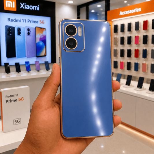 6D Golden Edge Chrome Back Cover For Redmi 11 Prime 5G Phone Case Sky Blue Onezeros.in