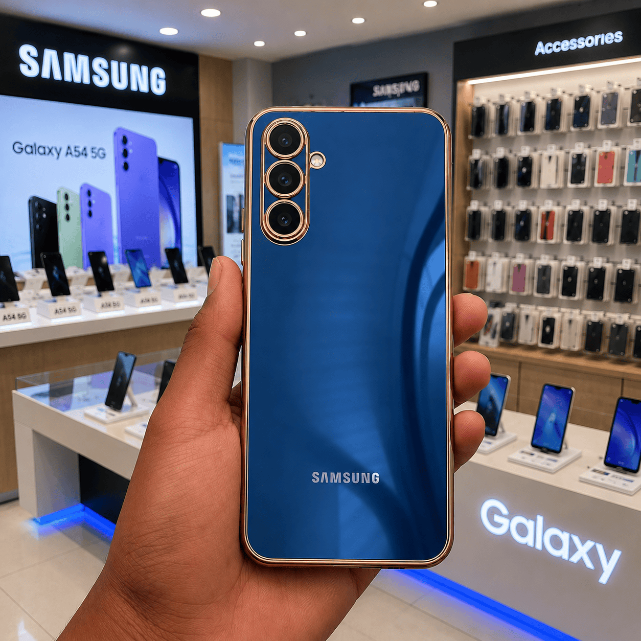 6D Golden Edge Chrome Back Cover For Samsung A54 5G Phone Case Royal Blue Onezeros.in