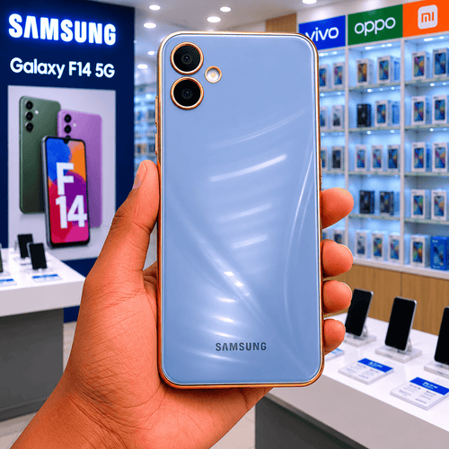 6D Golden Edge Chrome Back Cover For Samsung F14 5G Phone Case Sky Blue Onezeros.in