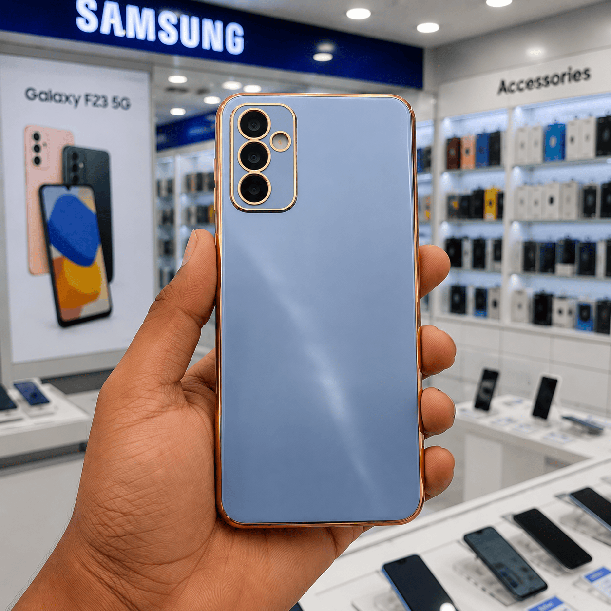 6D Golden Edge Chrome Back Cover For Samsung F23 5G Phone Case Sky Blue Onezeros.in