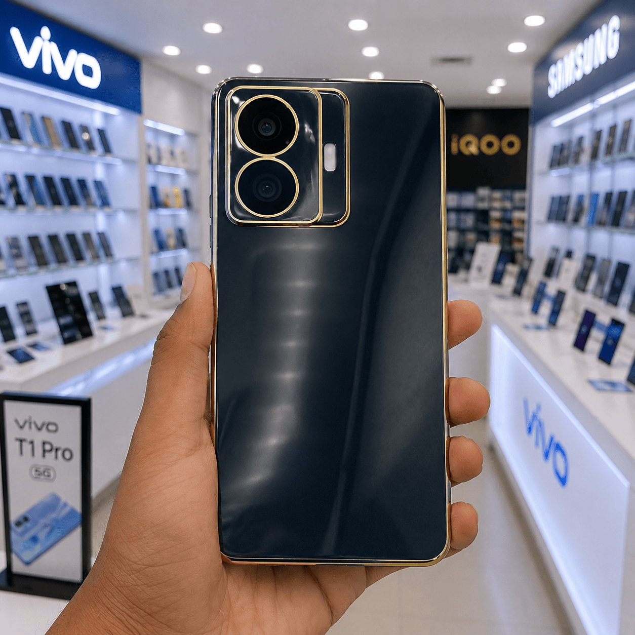 6D Golden Edge Chrome Back Cover For Vivo T1 Pro 5G Phone Case Black Onezeros.in