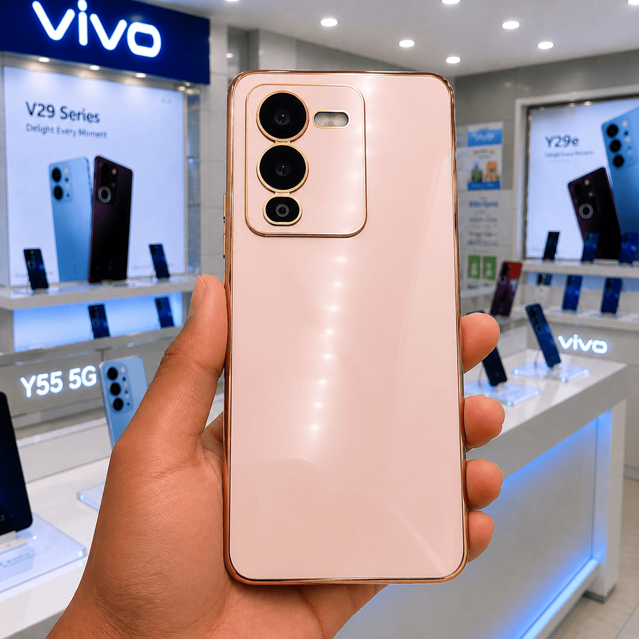 6D Golden Edge Chrome Back Cover For Vivo V25 Pro Phone Case Pink Onezeros.in