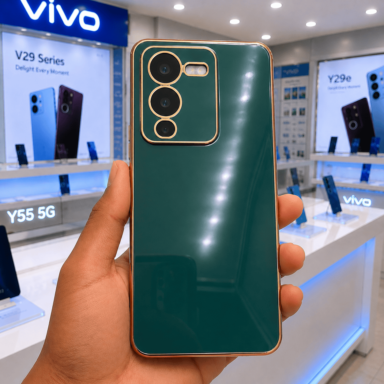6D Golden Edge Chrome Back Cover For Vivo V25 Pro Phone Case Dark Green Onezeros.in
