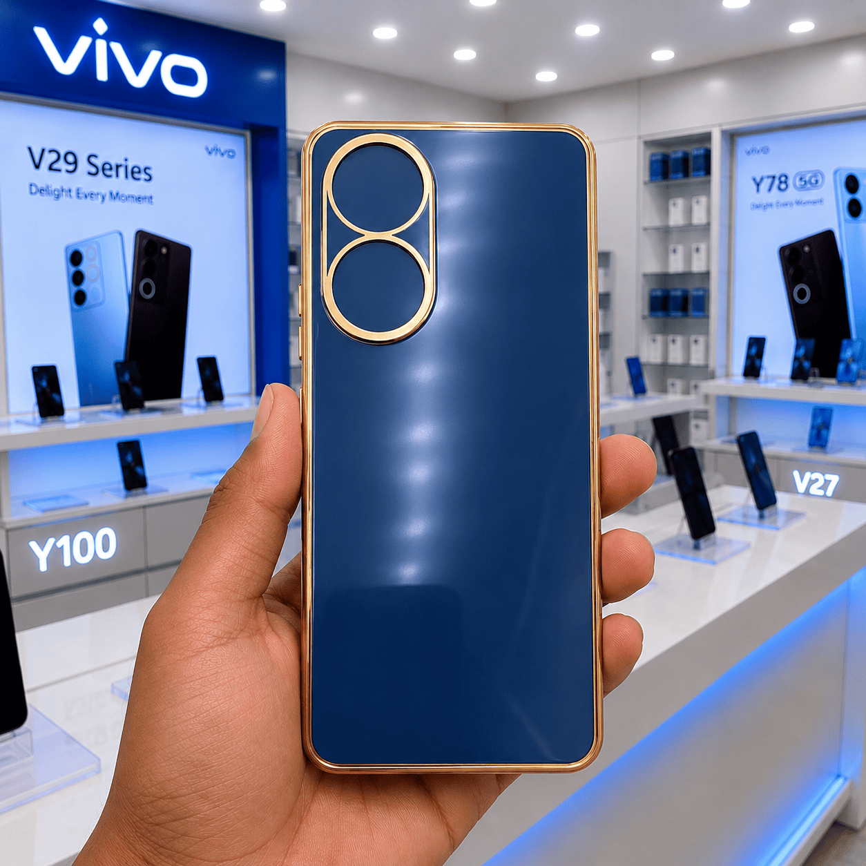 6D Golden Edge Chrome Back Cover For Vivo Y100 Phone Case Royal Blue Onezeros.in