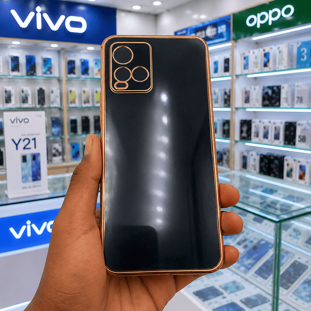 6D Golden Edge Chrome Back Cover For Vivo Y21/Y33s Phone Case Black Onezeros.in