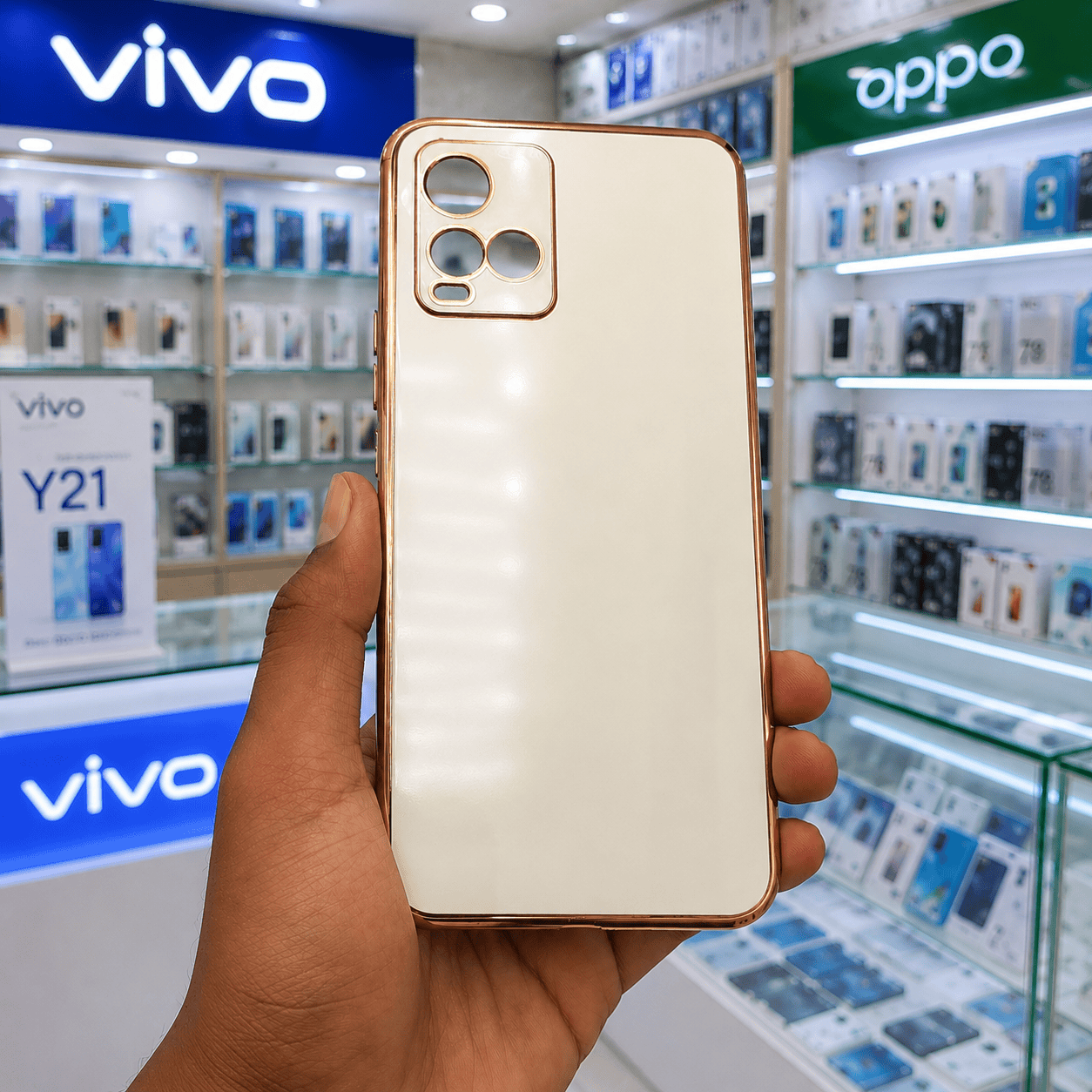 6D Golden Edge Chrome Back Cover For Vivo Y21/Y33s Phone Case White Onezeros.in